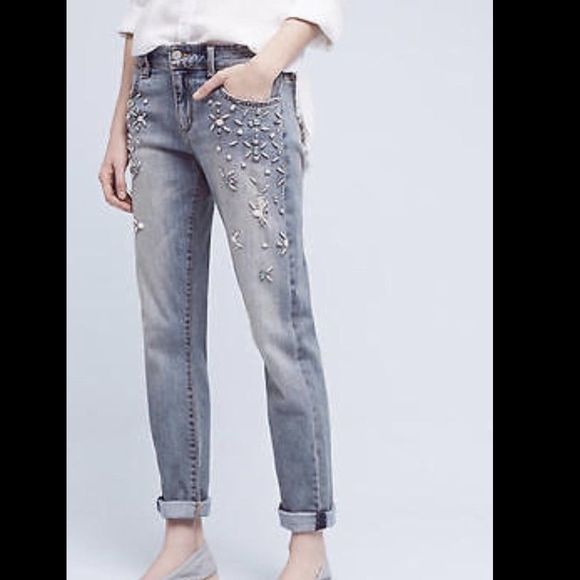 Pilcro Distress Jewel Rhinestone Mid Rise Crop 29 - Picture 2 of 6